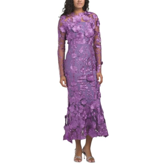 DALIA MACPHEE Long Sleeve 3d Floral Gown - Picture 1 of 3